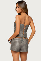 Elay Distressed Faux Leather Strapless Corset