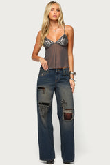 Adzy Sequin Mesh Babydoll Top