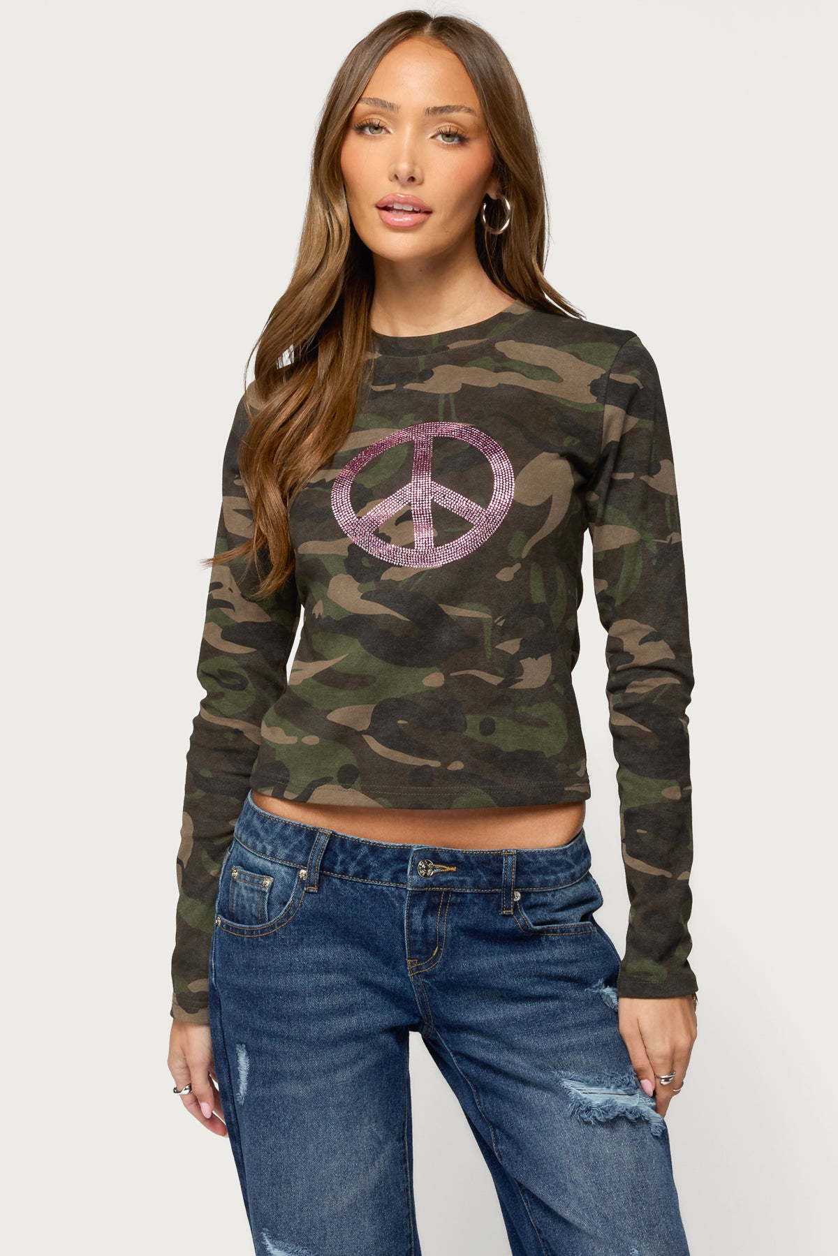 Peace Rhinestone Camo Top