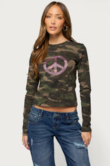 Peace Rhinestone Camo Top