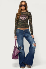 Peace Rhinestone Camo Top