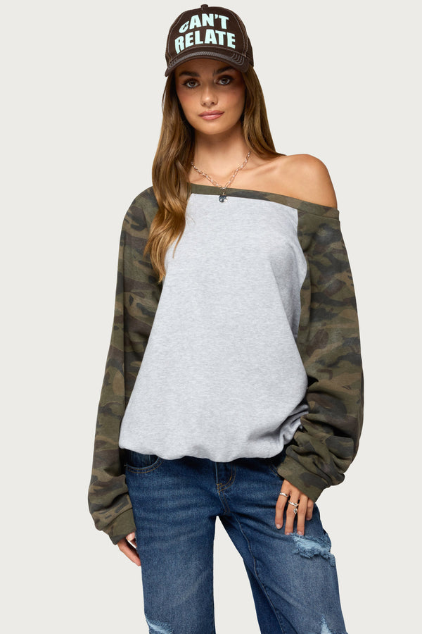 Huston Off Shoulder Camo Raglan Sweatshirt view 1