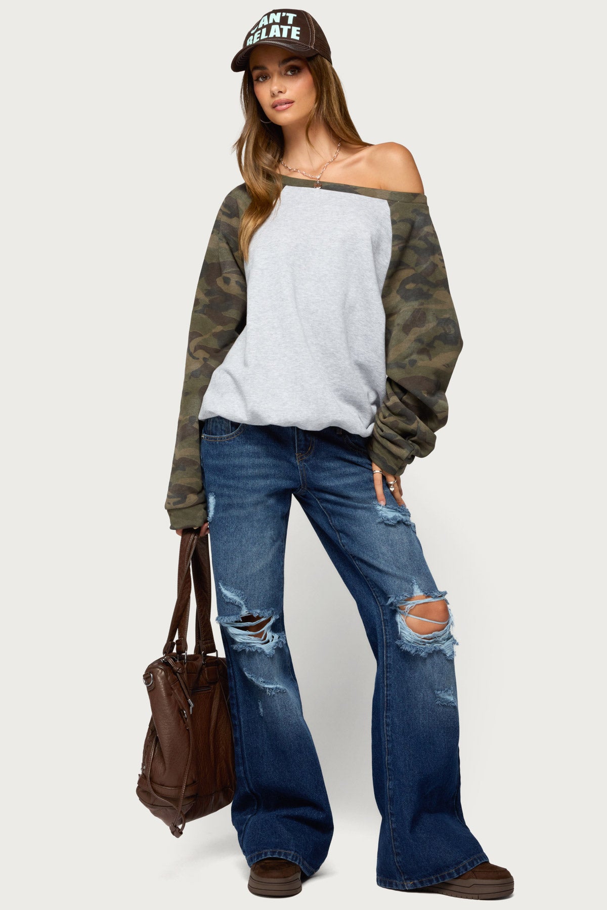 Huston Off Shoulder Camo Raglan Sweatshirt