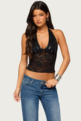 Beija Sheer Lace Sequin Halter Top