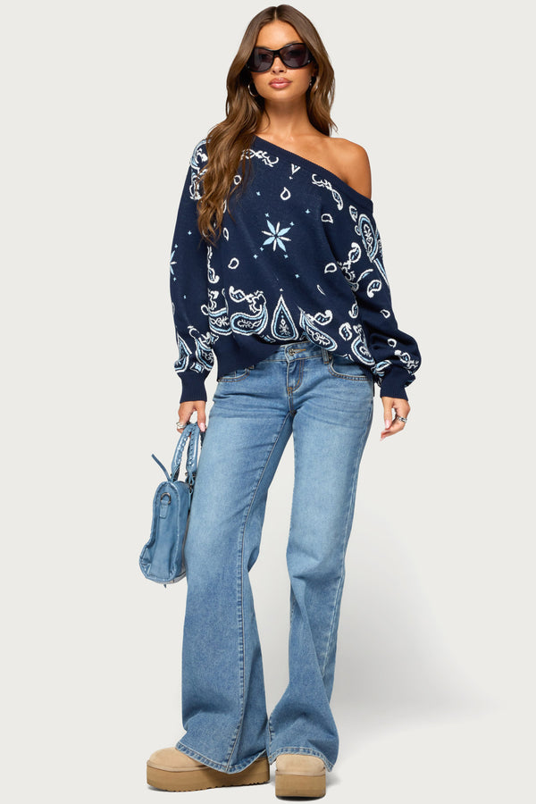 Faiga Off Shoulder Bnadana Knit Sweater view 2