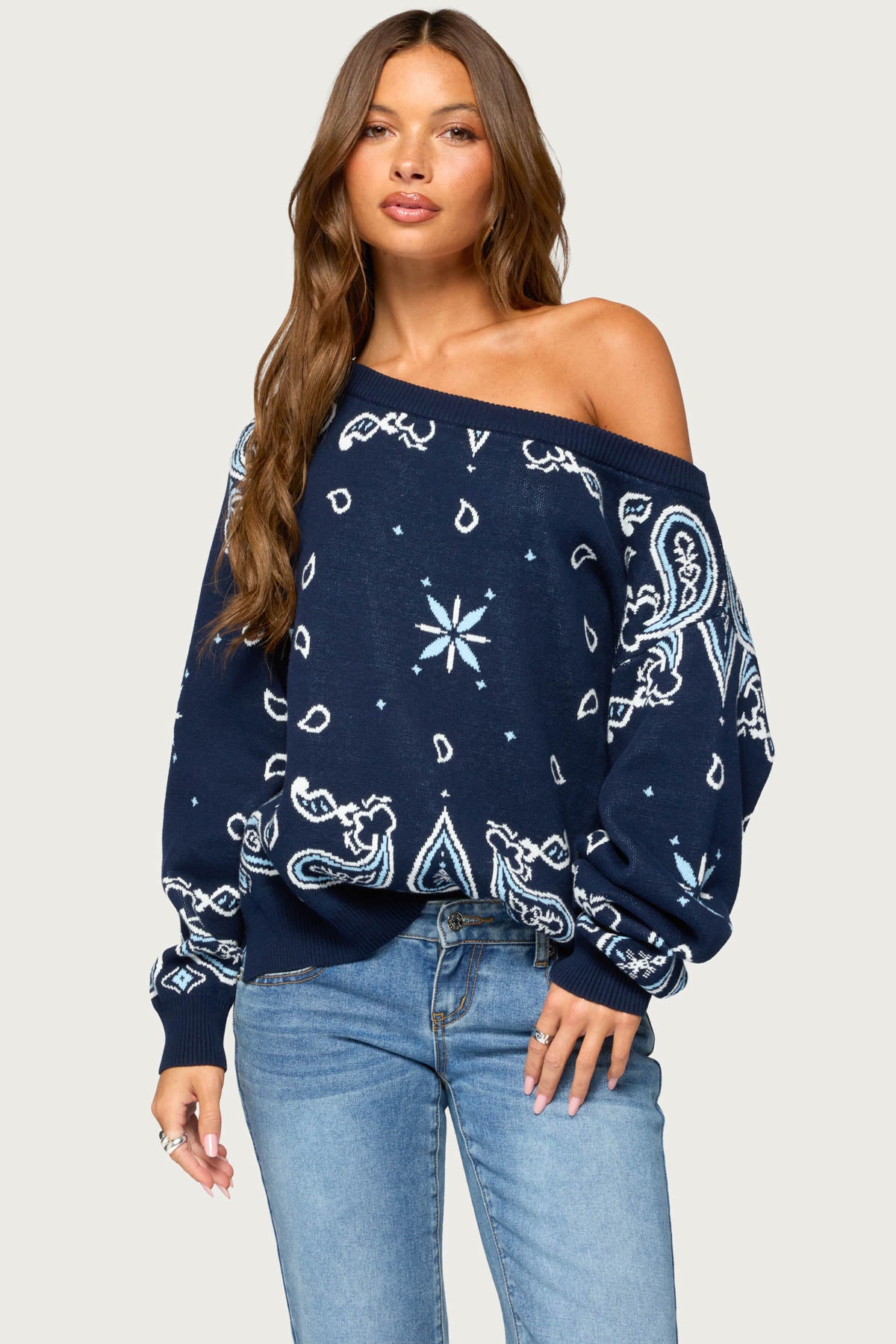 Faiga Off Shoulder Bnadana Knit Sweater