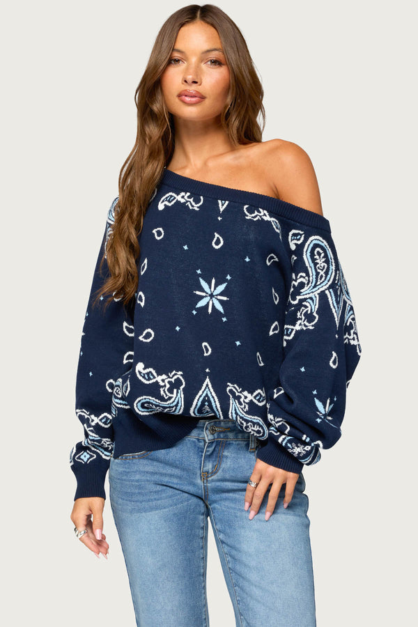Faiga Off Shoulder Bnadana Knit Sweater view 1