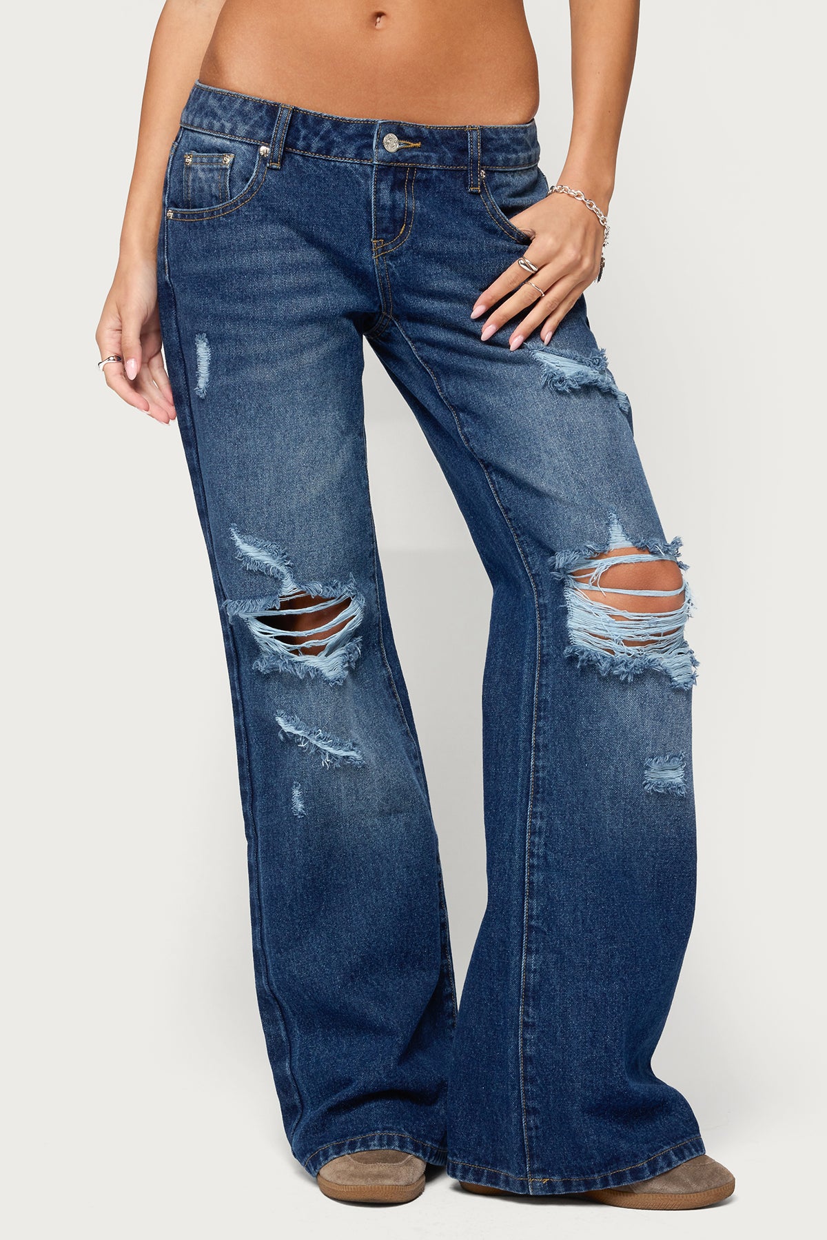 Evalynn Distressed Low Rise Wide Leg Jeans