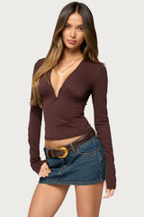 Novie Plunging V Neck Long Sleeve Top