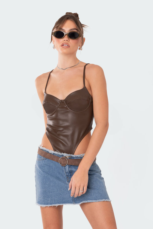 High-Cut Faux Leather Cupped Bodysuit
