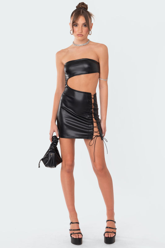 Faux Leather Side Lace-Up Dress