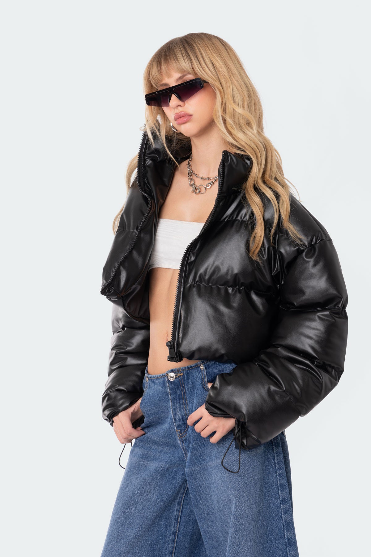 Dusk Cropped Faux Leather Puffer