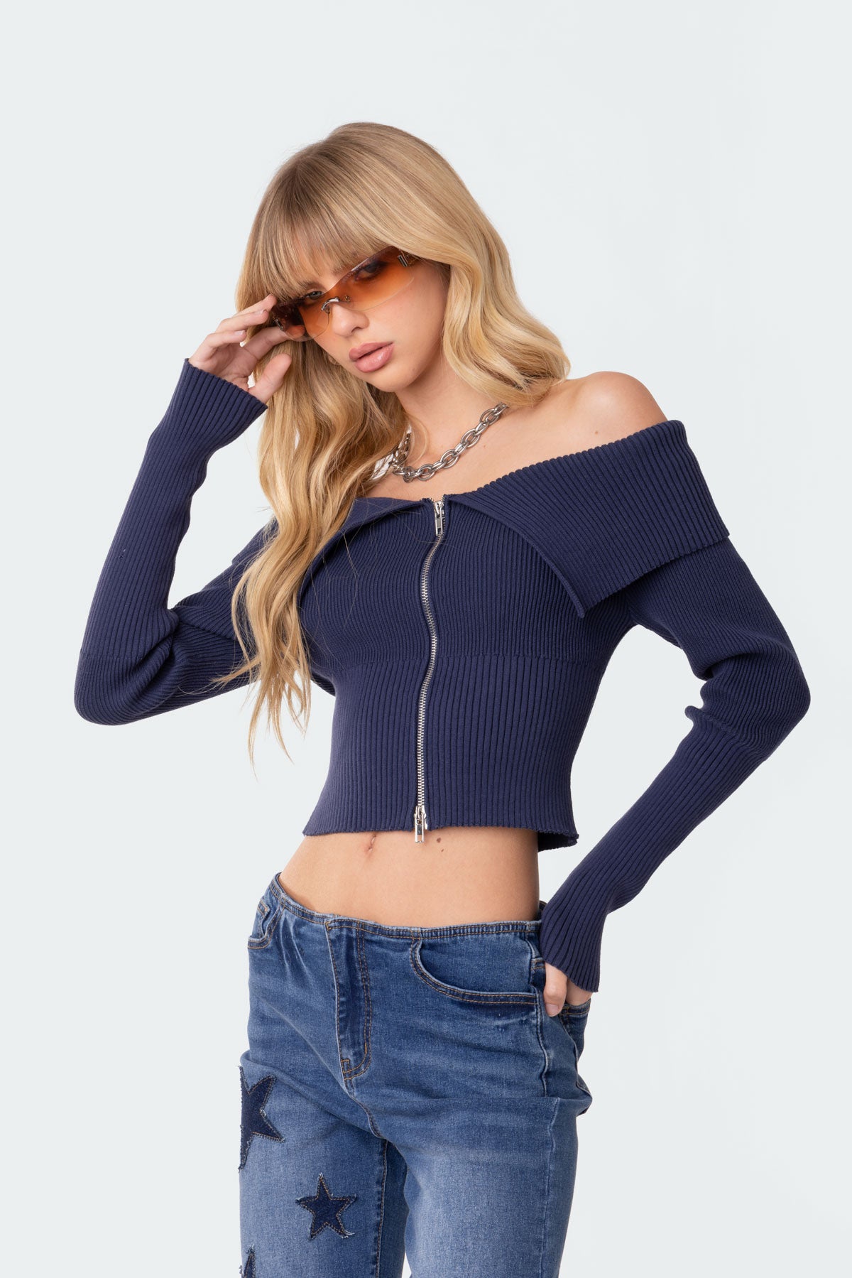 Fold Over Double Zip Knit Top