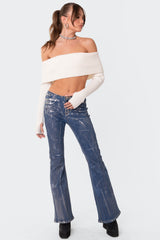 Metallic Coated Low Rise Flared Jeans