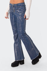 Metallic Coated Low Rise Flared Jeans