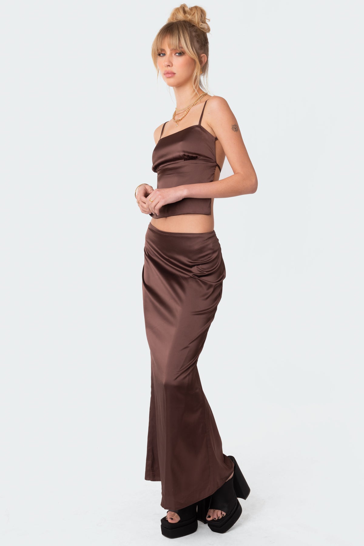 Satin Low Rise Back Slit Maxi Skirt