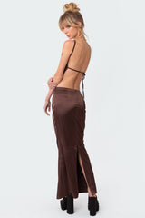 Satin Low Rise Back Slit Maxi Skirt