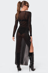 Glitter Mesh Slitted Maxi Dress