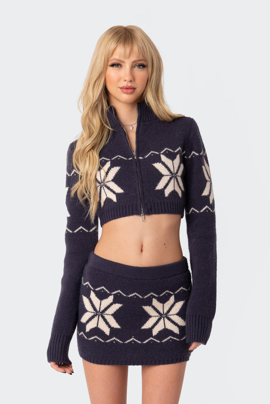 Snowflake Cropped Zip Up Sweater