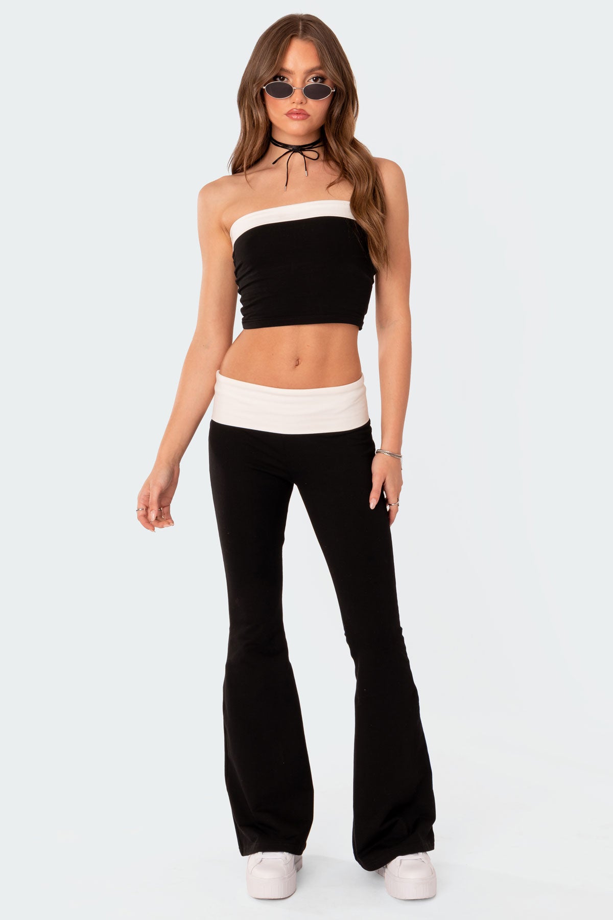 Contrast Fold Over Flared Leggings