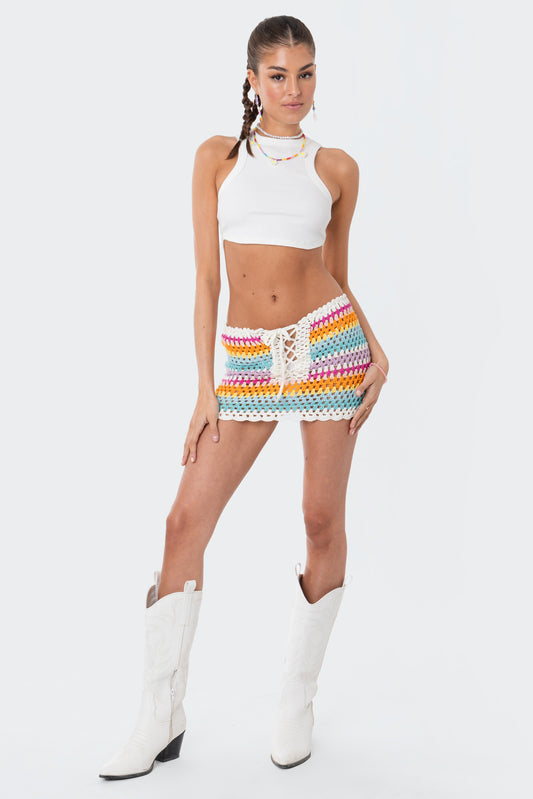 Rainbow Crochet Lace-Up Mini Skirt