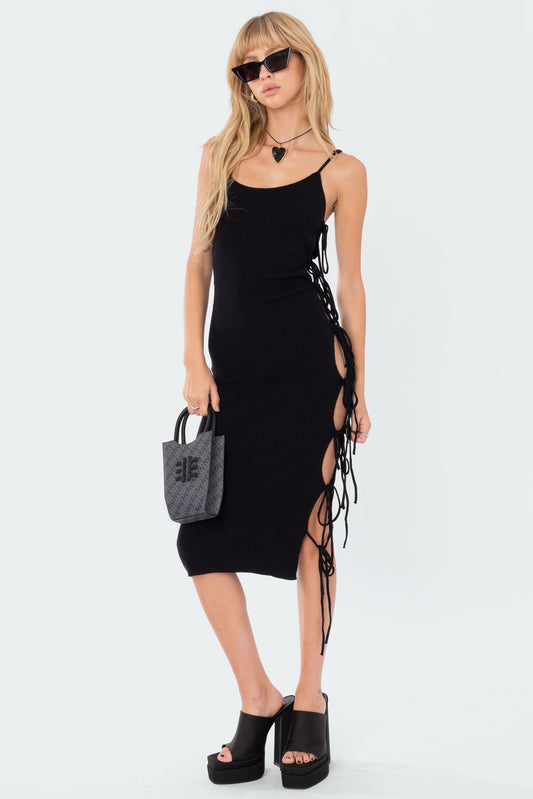 Side Lace-Up Knitted Midi Dress