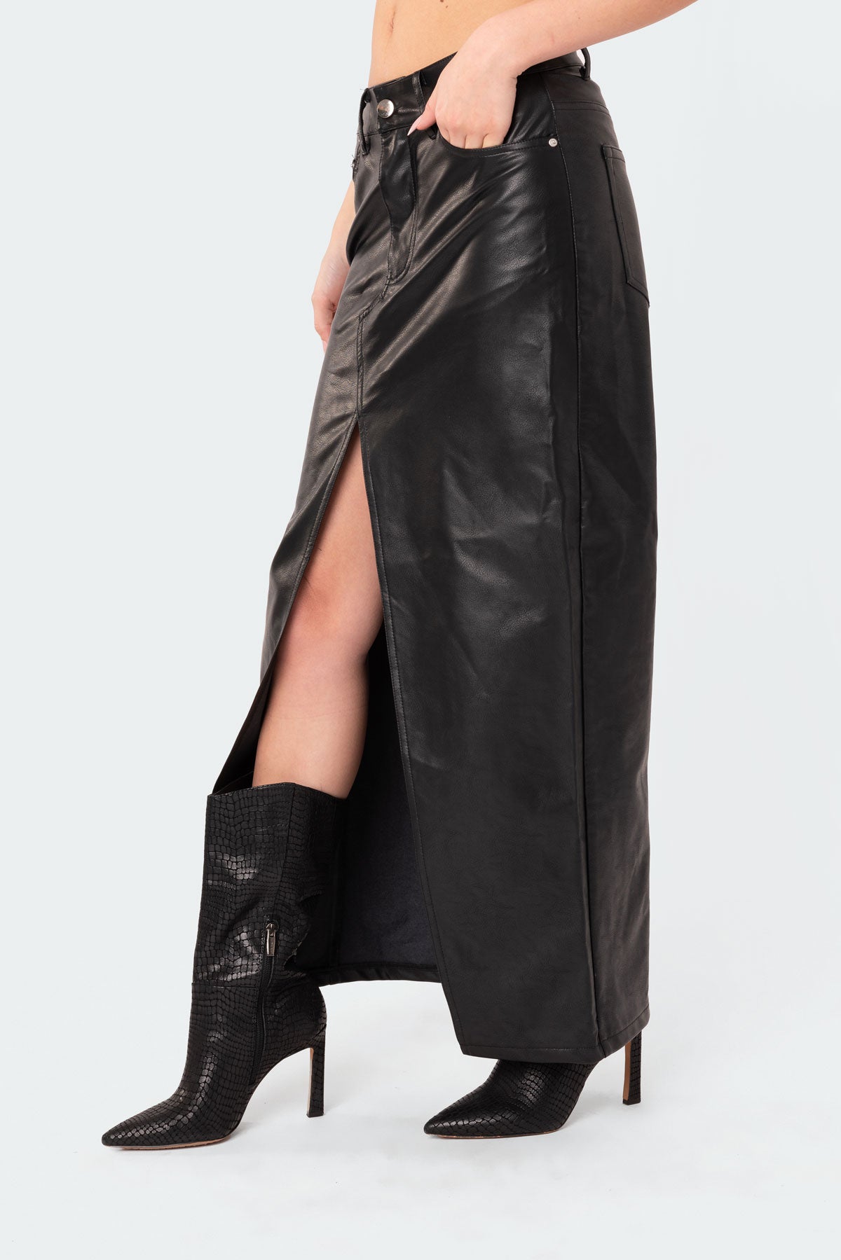 Neli Faux Leather Slitted Maxi Skirt