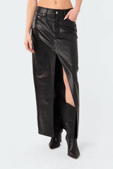 Neli Faux Leather Slitted Maxi Skirt