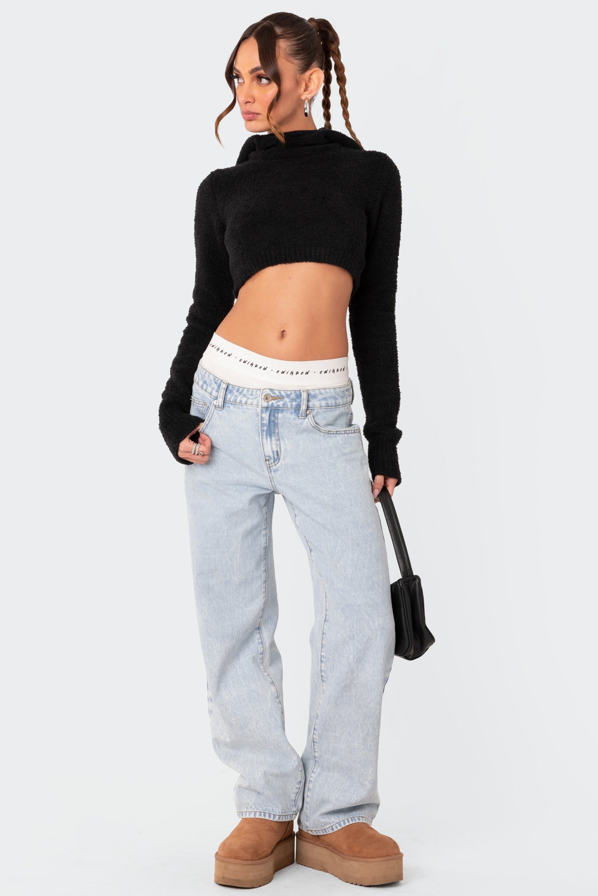 Super Soft High Neck Cropped Knit Hoodie