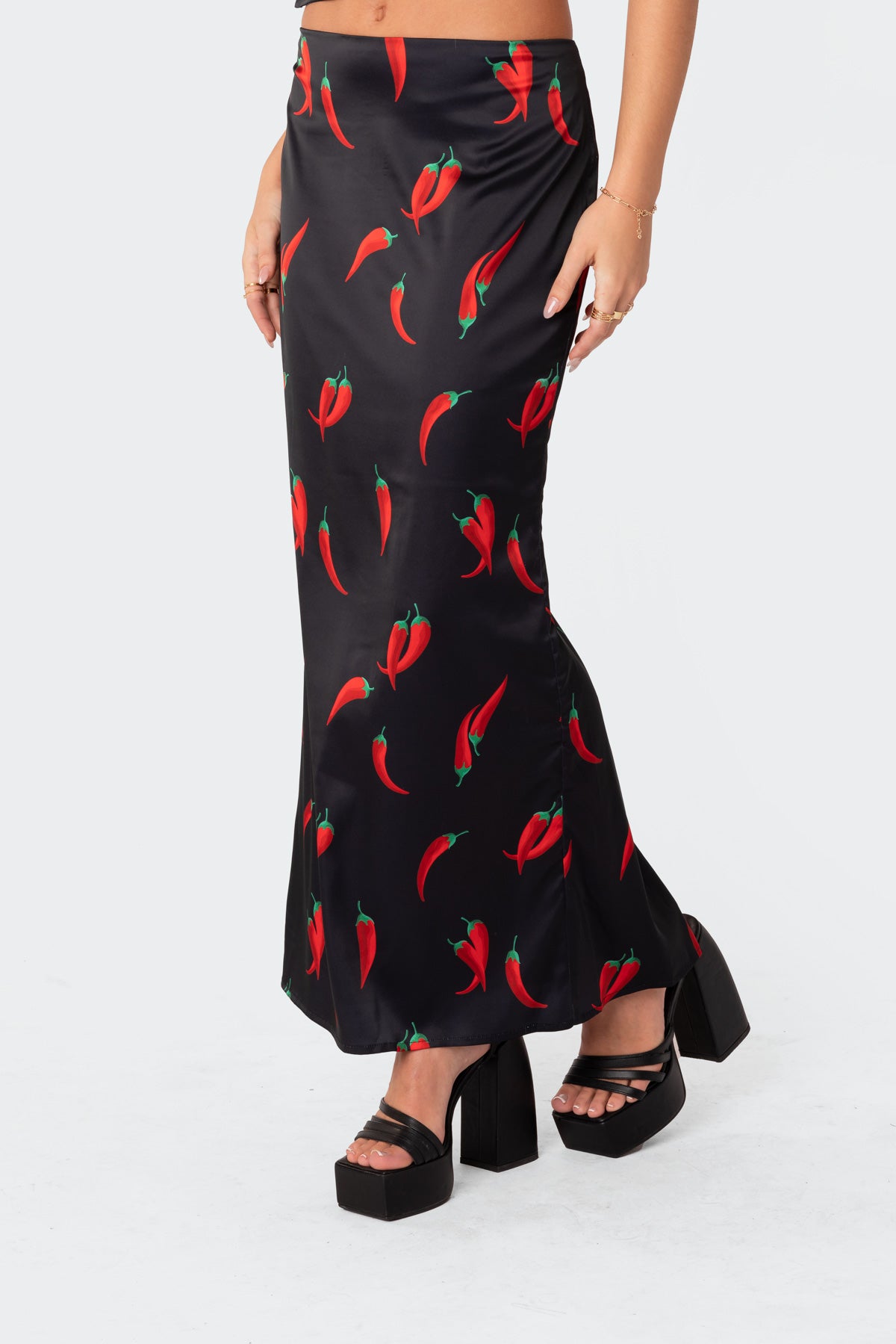 Chili Satin Low Rise Back Slitted Maxi Skirt