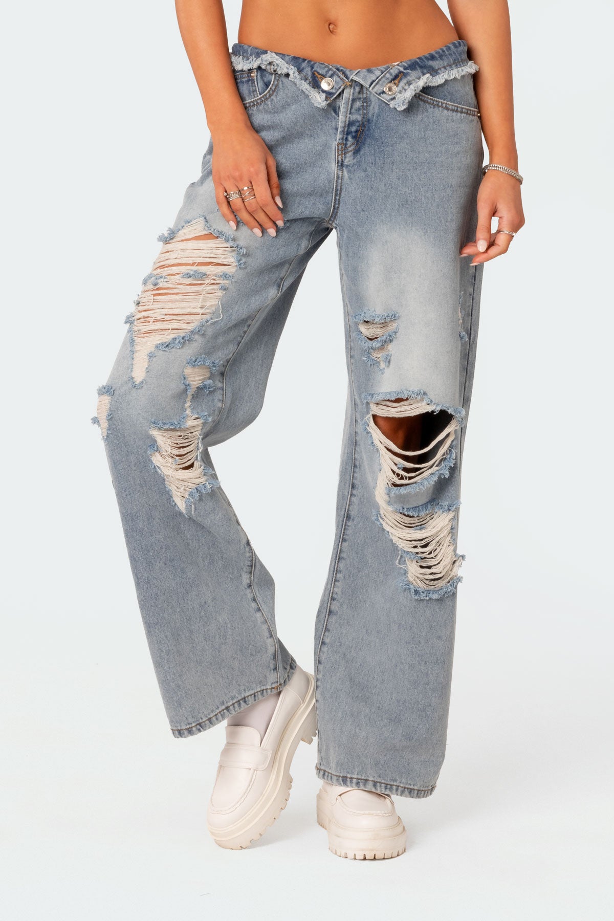 Distressed Fold Over Boyfriend Jeans
