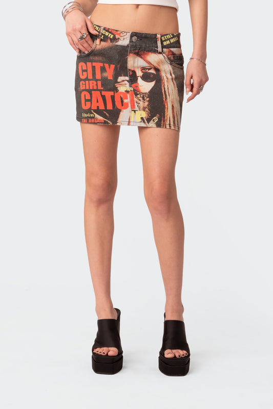 City Girl Low Rise Printed Denim Mini Skirt