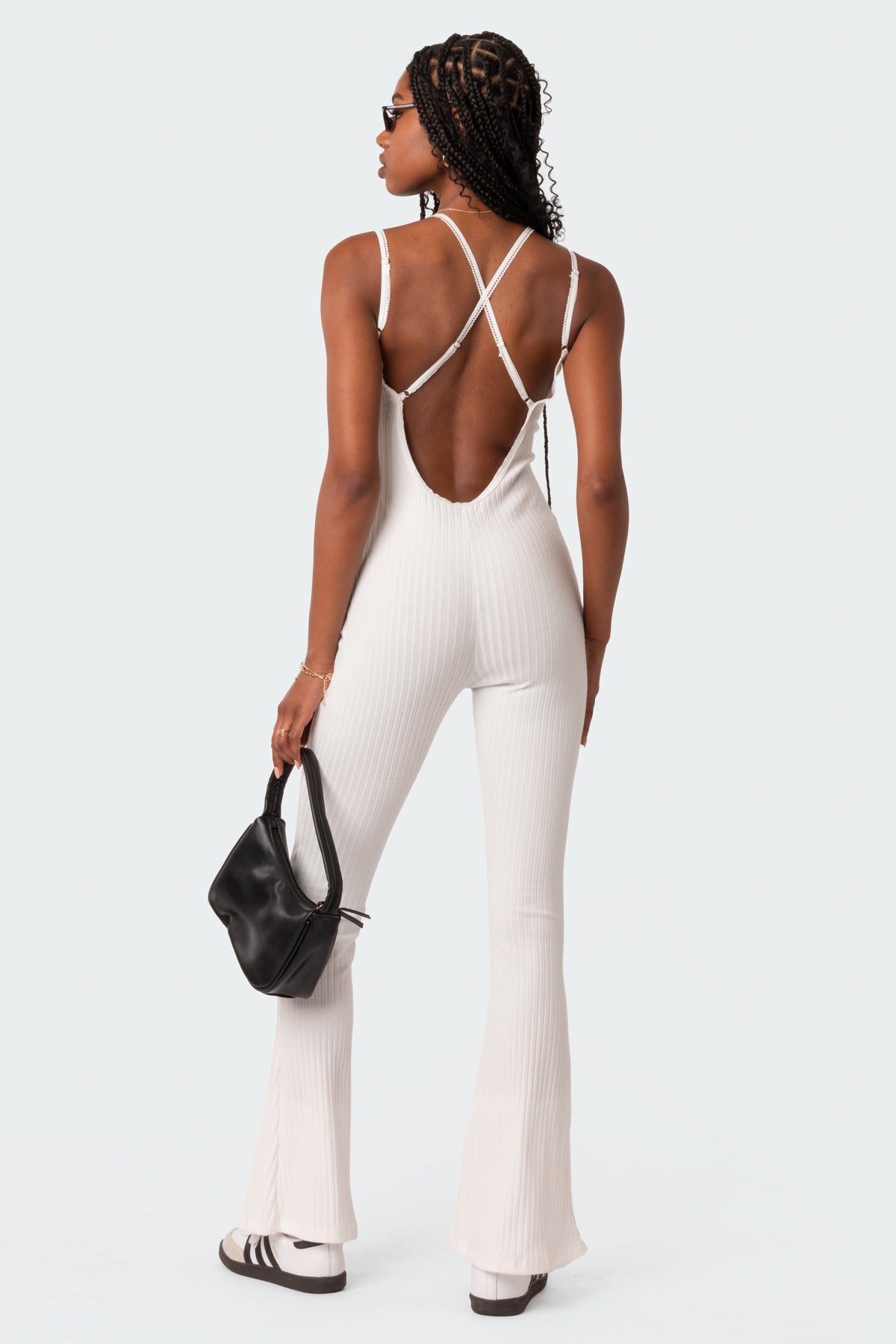 Strappy Ribbed Open Back Flared Jumpsuit