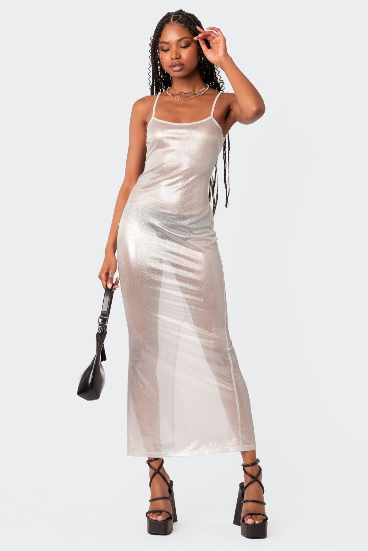 Nyla Sheer Glittery Back Slit Maxi Dress