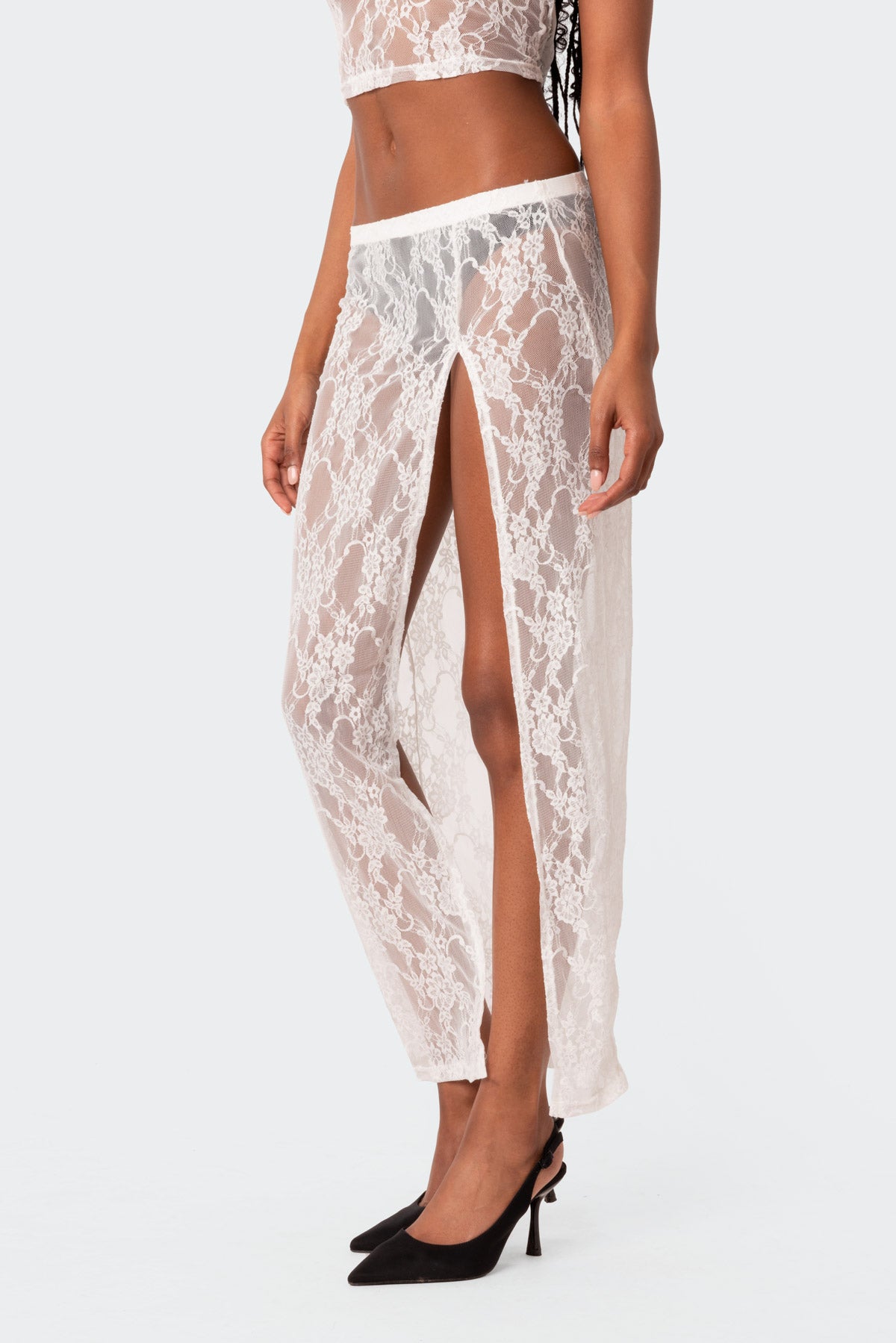 Aura Low Rise Sheer Lace Maxi Skirt